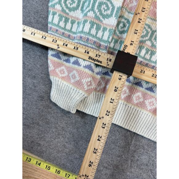 VINTAGE Alfred Dunner Sweater Womens Medium Green Cream Geometric Knit Artsy - Picture 3 of 4